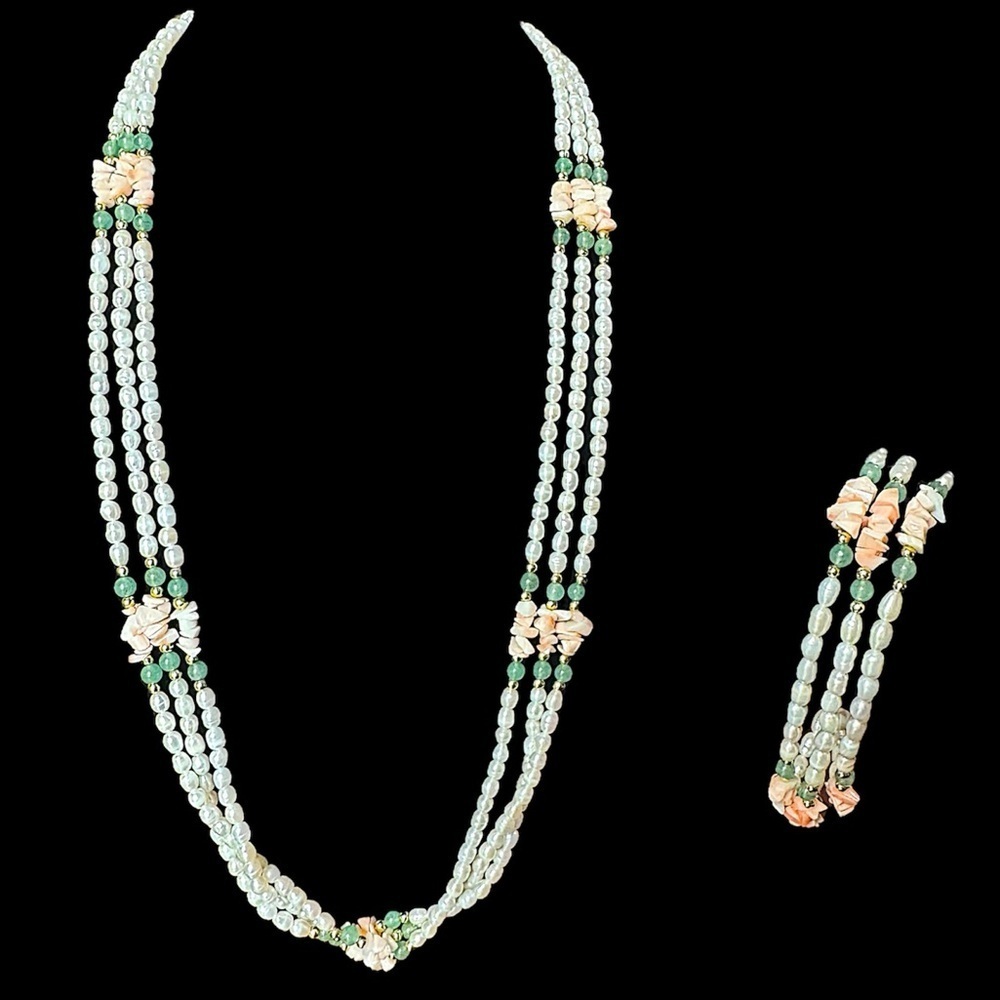 Estate Vintage Pearl Jade Coral Three Strand Necklace and Bracelet Set